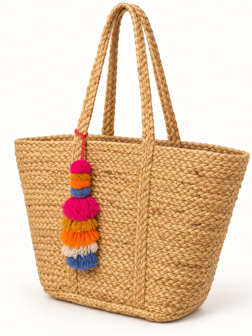 Woven Straw Tote Bag with Colorful Tassel - Natural